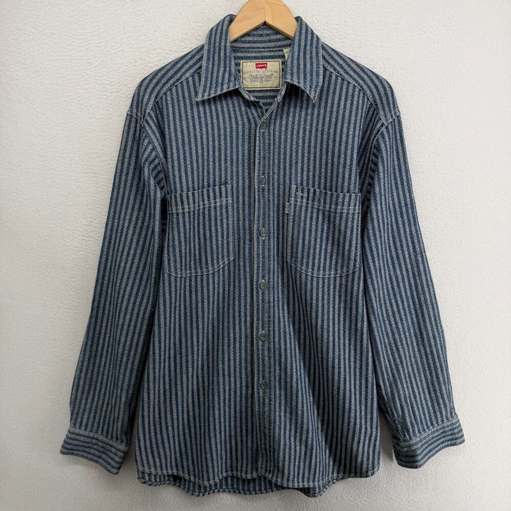 LEVIS Shirt Men M Railroad Hickory Striped Button Up White Tab Cotton HK VTG - Picture 2 of 11